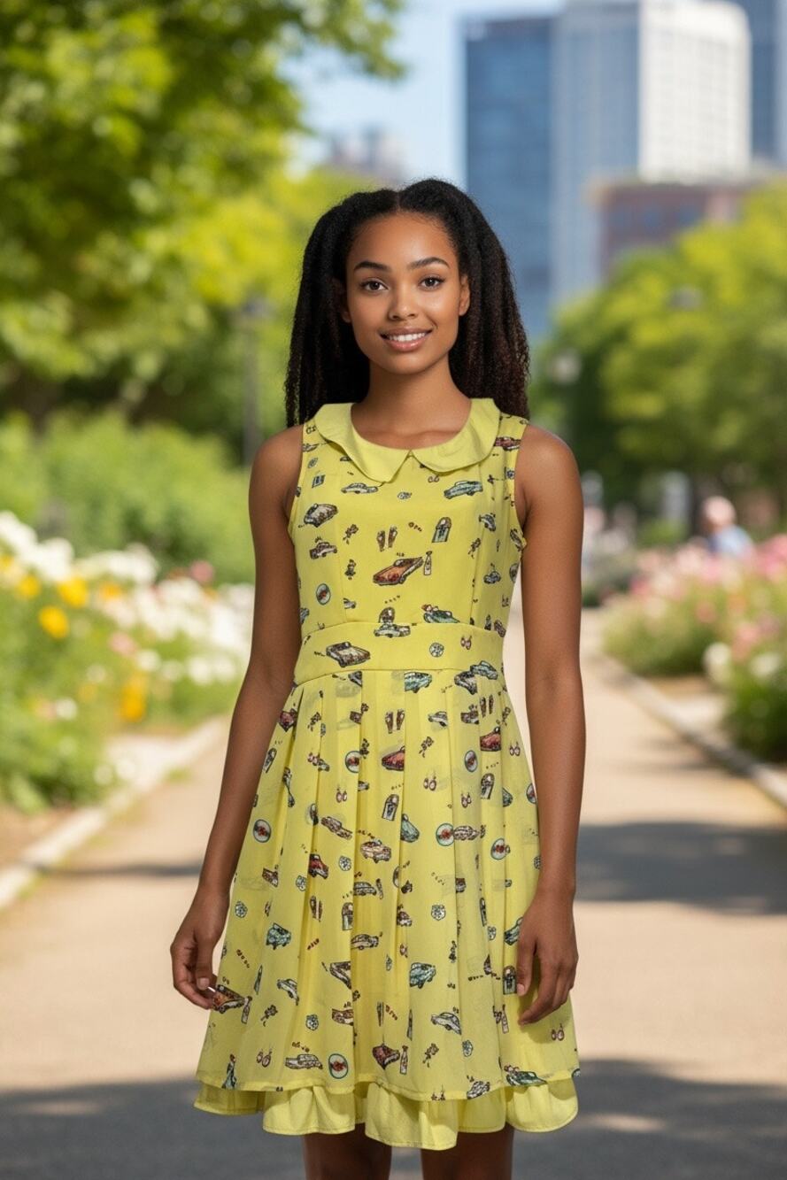 Yumi Kim Retro Mod car Hop Milkshake print layered collar yellow UK dress Size 4